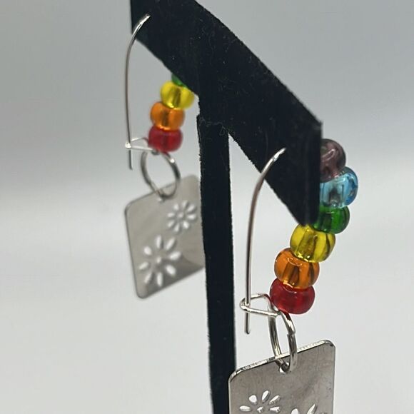Silver-tone Dangling Rainbow Beaded Floral Charm Earrings- NEW - Picture 6 of 11